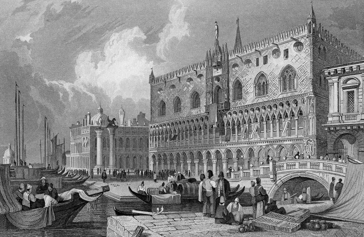 El Gran Canal y el Palacio Ducal, Venecia, grabado por Charles Westwood, 1844 de Samuel Prout