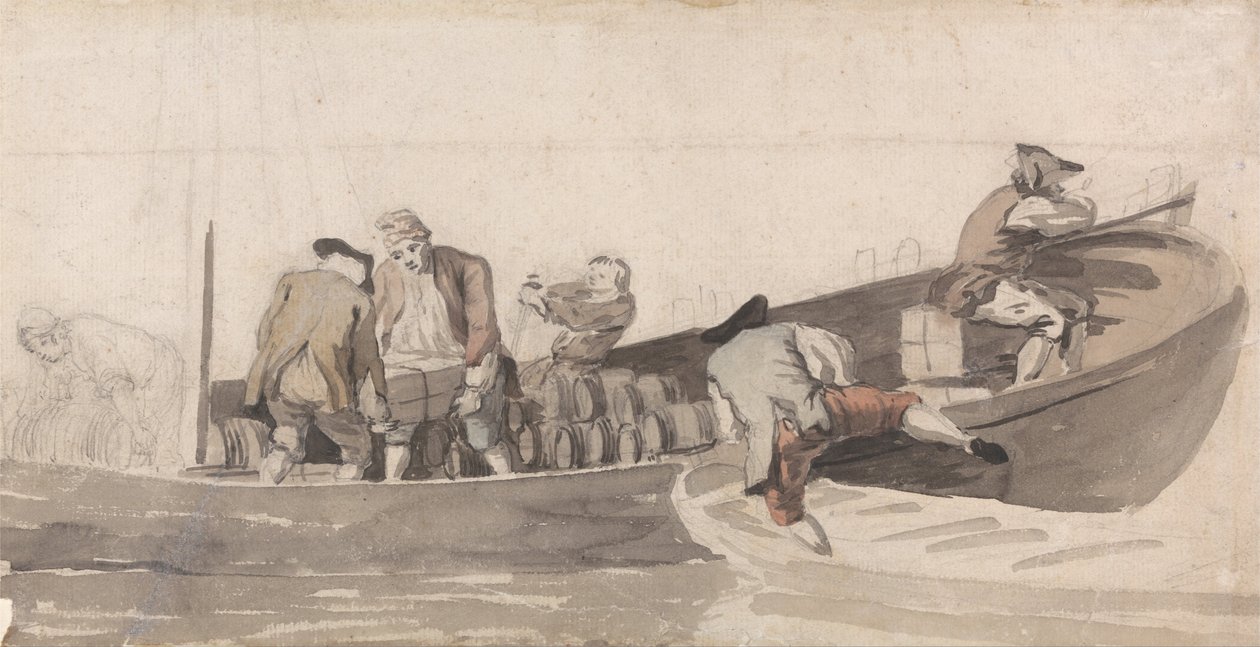 Hombres cargando un bote con barriles de Samuel Scott