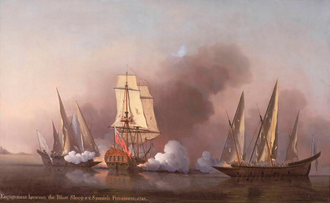 El Compromiso entre el Sloop Blast y dos Corsarios Españoles, 1745 de Samuel Scott