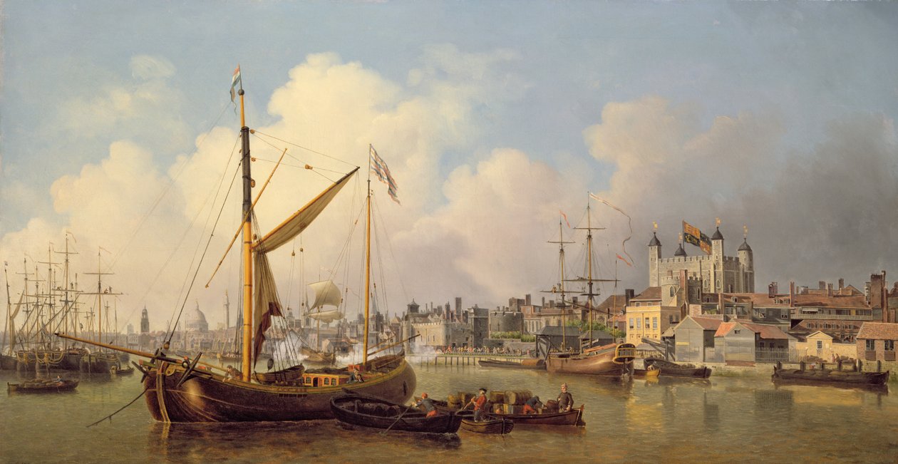 El Támesis y la Torre de Londres supuestamente en el cumpleaños del rey, 1771 de Samuel Scott