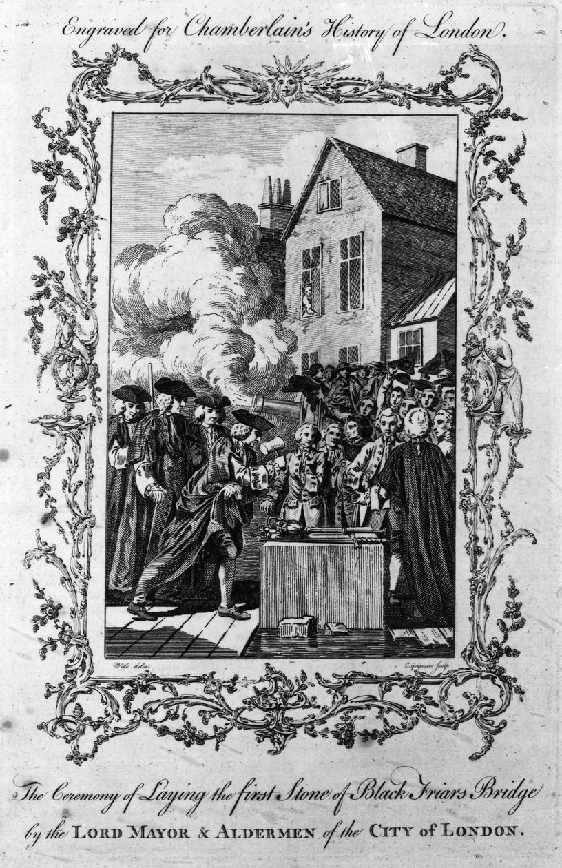 La ceremonia de colocación de la primera piedra del Puente de Blackfriars por el alcalde y los concejales de la ciudad de Londres, grabado por Charles Grignion, 1760 de Samuel Wale