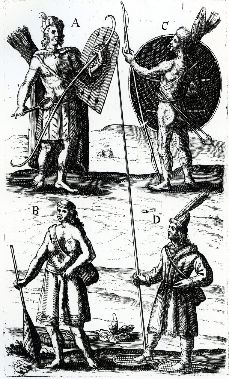 Ilustraciones del vestido Algonquin, grabado de los Viajes de Sieur de Champlain por Samuel de Champlain (ca 1574-1635), siglo XVII de Samuel de Champlain