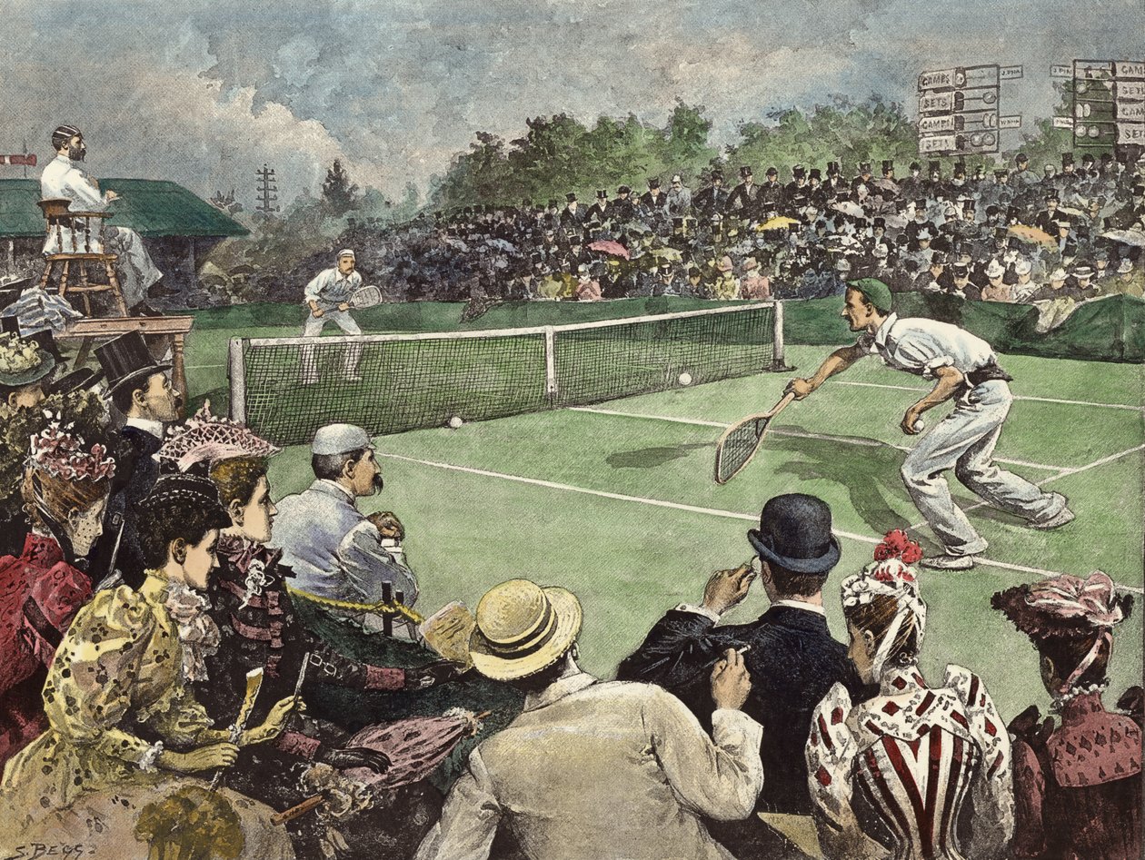 The Lawn Tennis Championship at Wimbledon 1891, Messrs W Baddeley and J Pim competing for the Finals (grabado en color) de Samuel (after) Begg