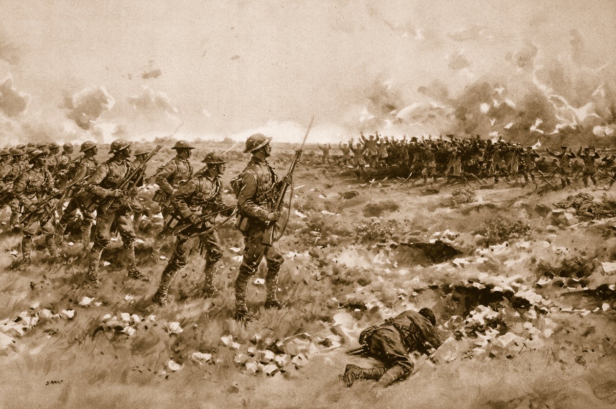 Su última esperanza: Soldados alemanes desmoralizados imploran clemencia a las tropas británicas que avanzan (litografía) de Samuel (after) Begg