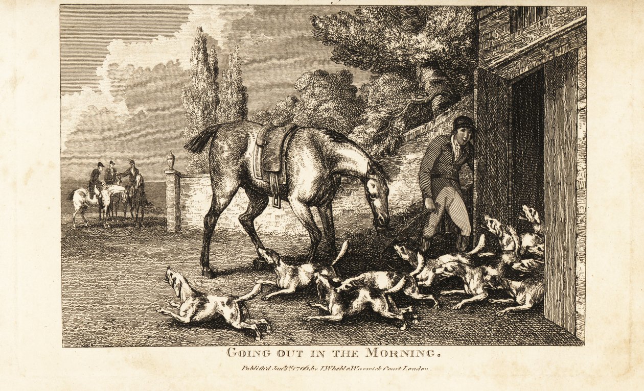 Cazador abriendo la puerta del perrera para dejar salir a los sabuesos antes de ir a cazar liebres de Samuel (after) Howitt