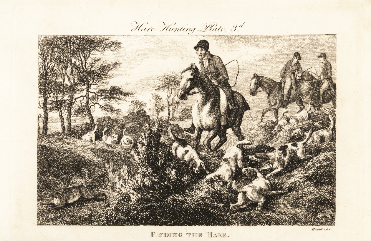 Cazadores montados observando cómo los perros encuentran una liebre de Samuel (after) Howitt