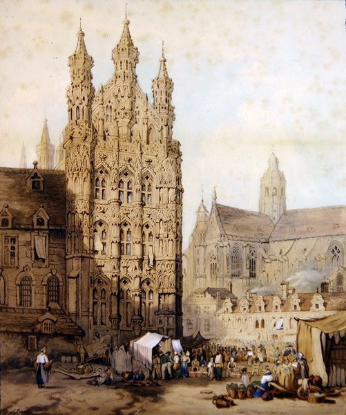 El Ayuntamiento y la Catedral de Lovaina en Bélgica, c.1840 de Samuel (circle of) Prout