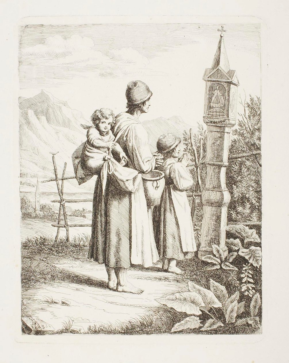 Mendiga con dos niños ante una imagen de la Virgen de camino al Tirol de Samuel Amsler