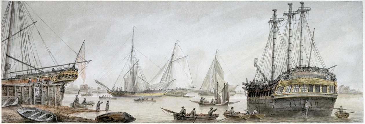 Un barco indio preparado para reparaciones en el Támesis, con una descripción de las actividades ordinarias de los astilleros reales de Deptford. de Samuel Atkins