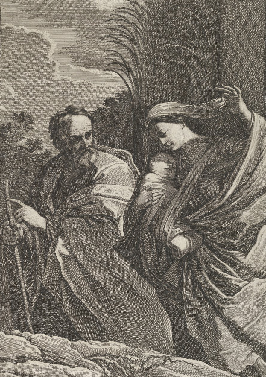 La huida a Egipto, la Virgen llevando al niño Cristo, José señalando de Samuel Bernard