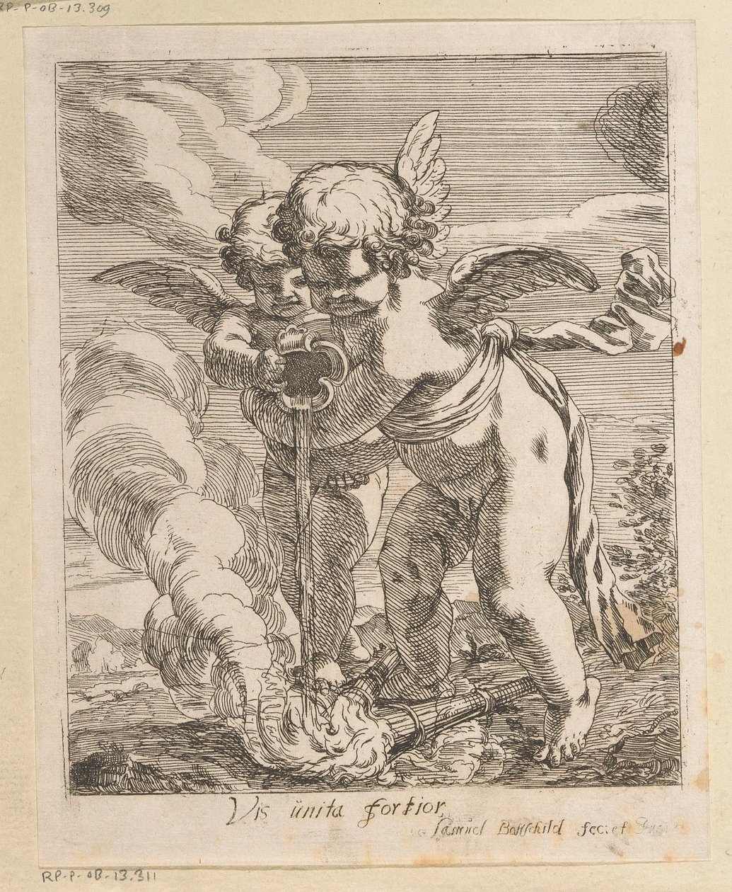 Dos putti antorchas de extinción Vis unita fortior (título sobre objeto) Varios diseños (título de la serie) Opera Varia Historica, Poetica & Iconologica (título de la serie) de Samuel Bottschild