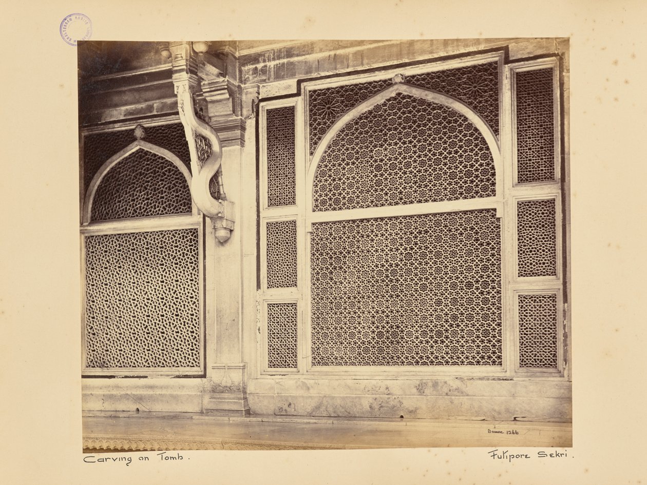 Fatehpur Sikri; dos de las celosías de mármol en la tumba del jeque Selim Chishti de Samuel Bourne