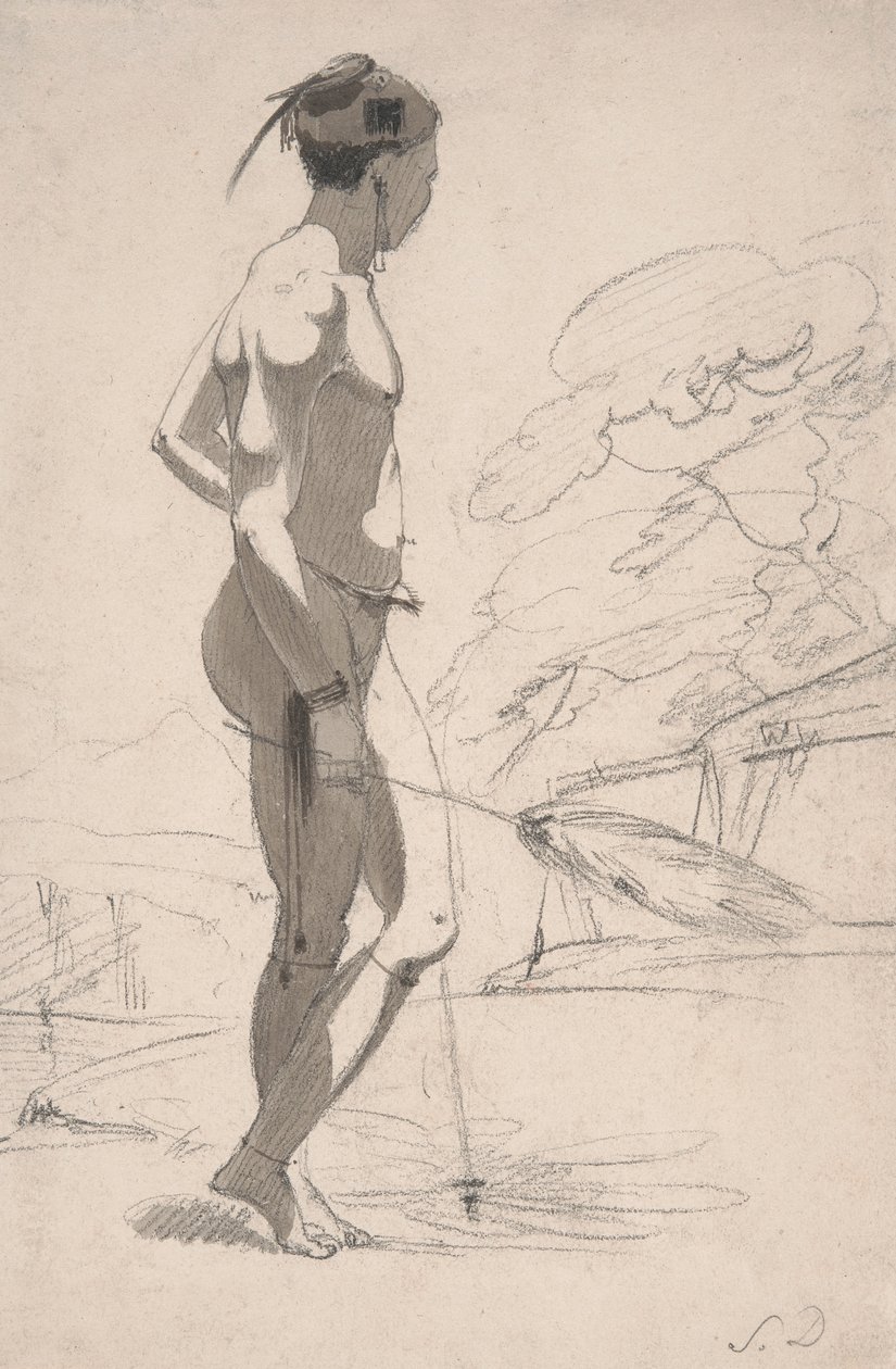 Hombre tswana con un abanico de plumas de avestruz en un paisaje de Samuel Daniell