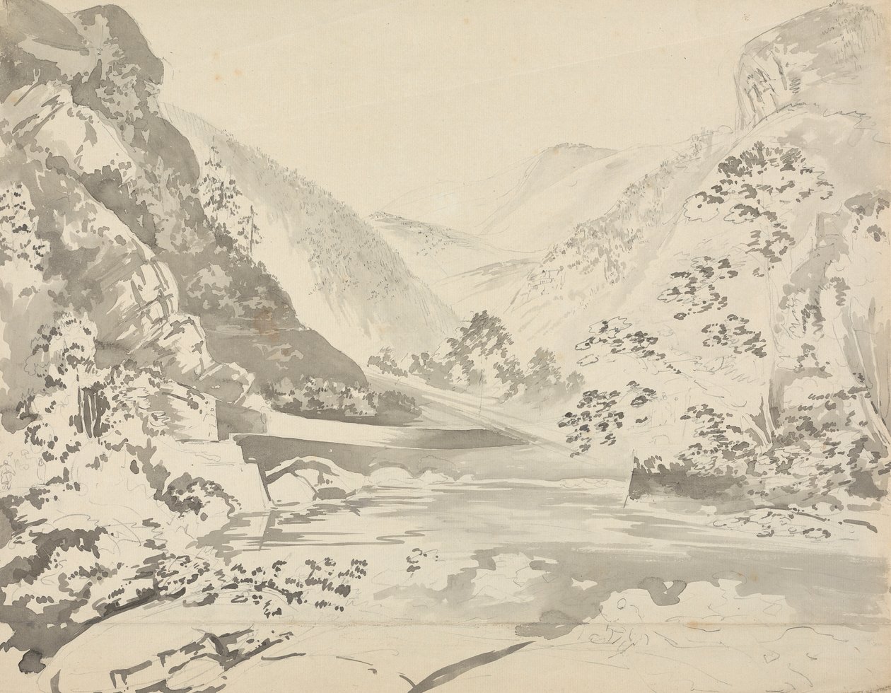 Una escena fluvial con montañas al fondo de Samuel Davis