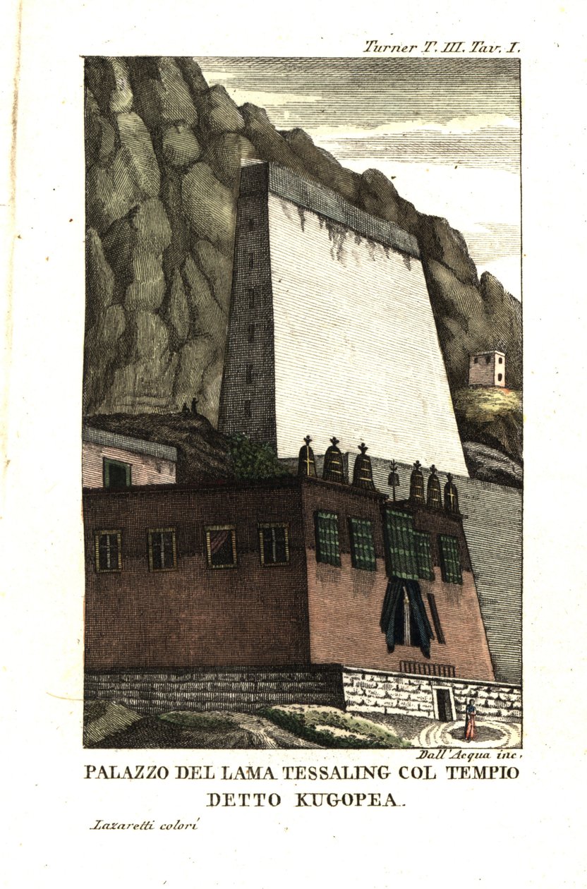 Morada de Tessaling Lama con el edificio religioso llamado Kugopea. Ilustración del teniente Samuel Davis Del Capitán Samuel Turner (1759-1802) Relato de una embajada a la corte del Teshoo Lama en el Tíbet 1800. Grabado al cobre de Dell