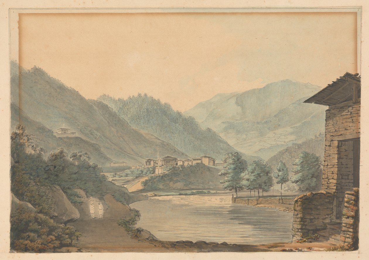 Escena montañosa con edificios y río de Samuel Davis