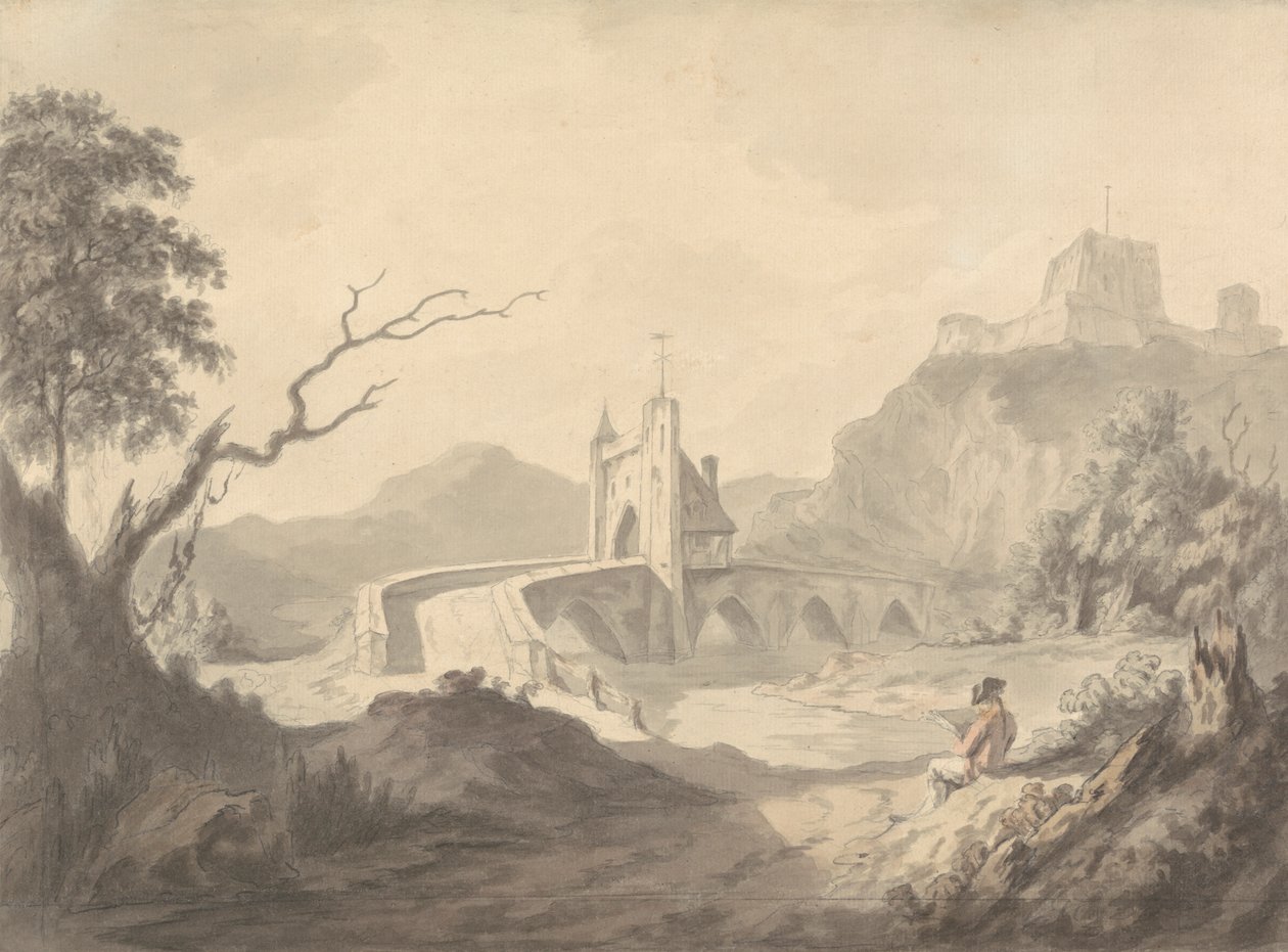 Escena fluvial y puente con un artista dibujando en primer plano de Samuel Davis