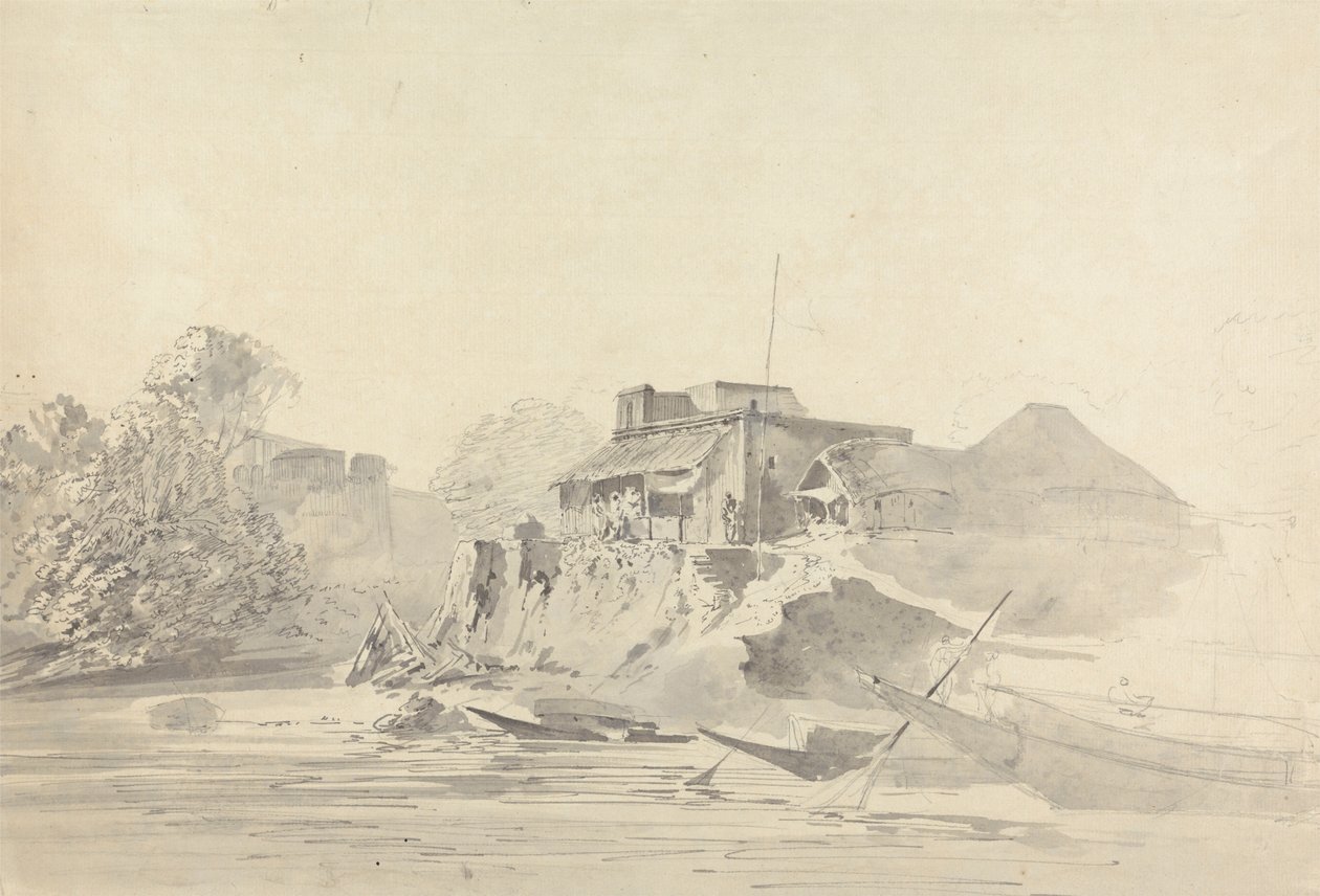 Escena fluvial con edificios autóctonos de Samuel Davis