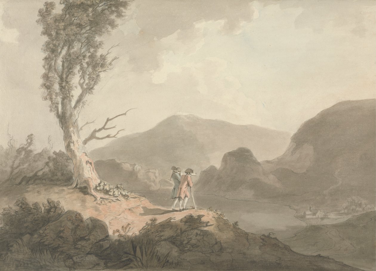 Dos hombres con telescopio mirando a través de un río de Samuel Davis