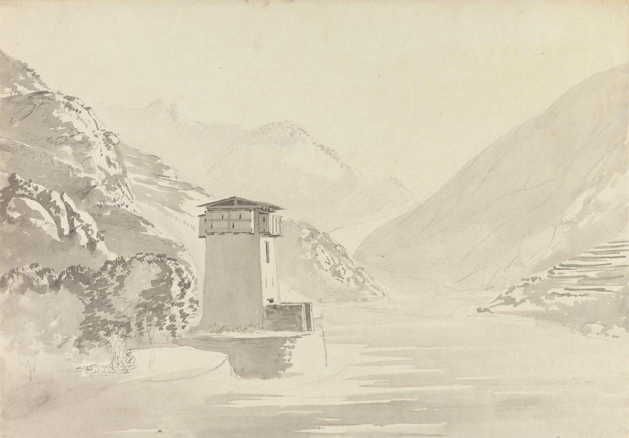 Vista desde el puente de Wandepore [Wangdu Phodrang]. de Samuel Davis