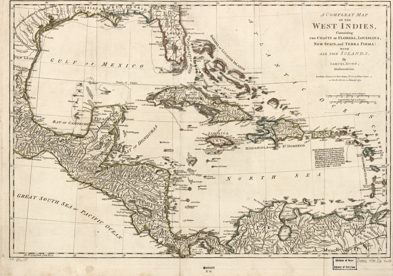Mapa completo de las Indias Occidentales que contiene las costas de Florida, Luisiana, Nueva España y Tierra Firme: Con todas las islas. de Samuel Dunn