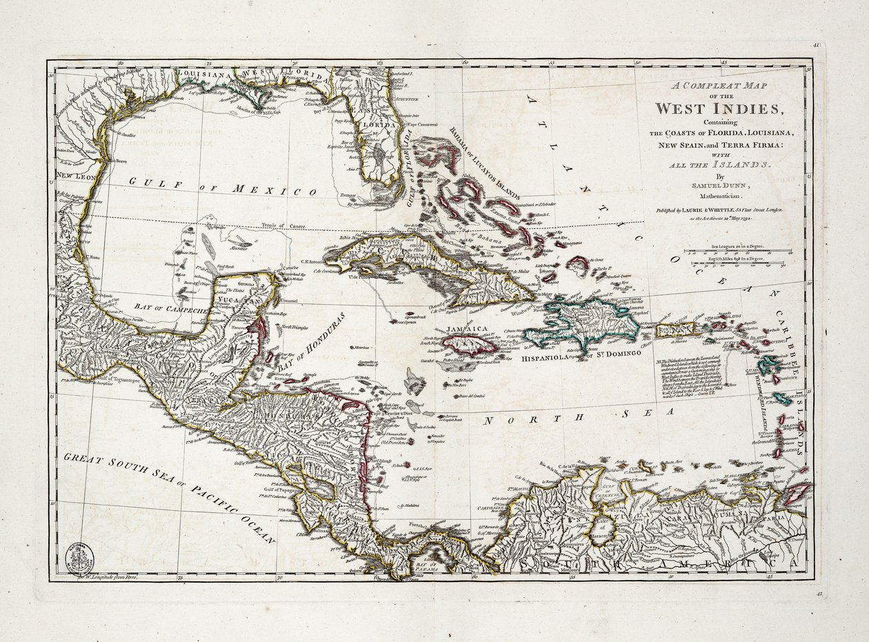 Mapa completo de las Indias Occidentales que contiene las costas de Florida, Luisiana, Nueva España y Tierra Firme con todas las islas. de Samuel Dunn
