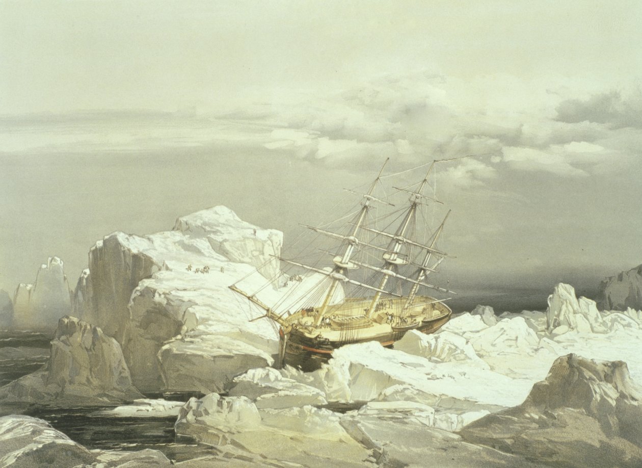 Posición crítica del H.M.S. Investigator en la costa norte de la isla Baring, 20 de agosto de 1851, grabado por William Simpson, publicado por Ackermann y Co., 1854 de Samuel Gurney Cresswell