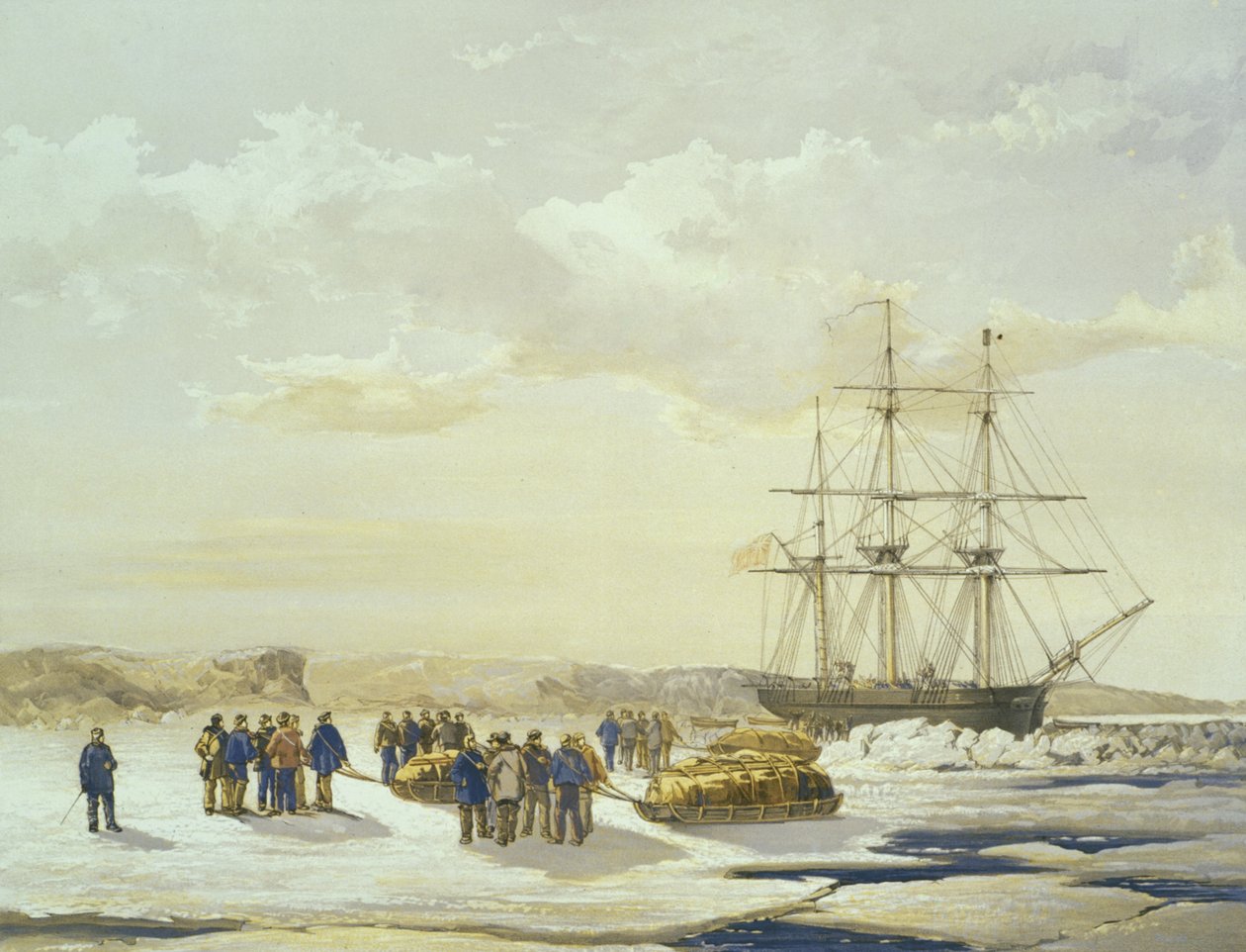 Fiesta en trineo saliendo del H.M.S. Investigator en Mercy Bay, 15 de abril de 1853, grabado por E. Walker, publicado por Ackermann y Co., 1854 de Samuel Gurney Cresswell