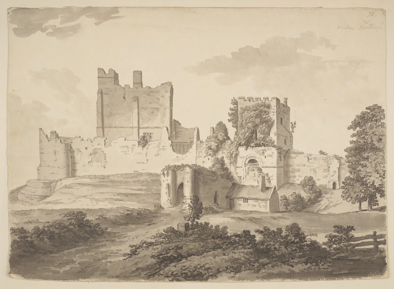 Vista en tinta china del castillo de Prudhoe, en la parroquia de Ovingham (tinta china sobre papel) de Samuel Hieronymous Grimm