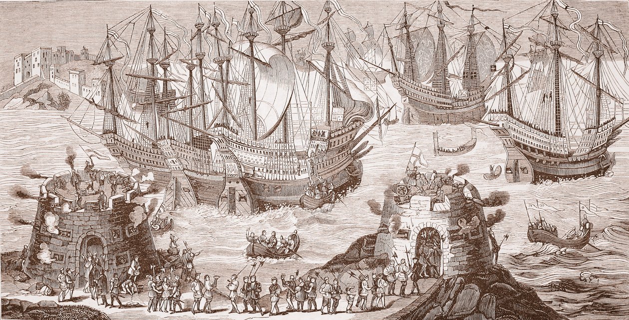 Enrique VIII embarcando en Dover, del gran grabado publicado por la Real Sociedad de Antigüedades de Samuel Hieronymous Grimm
