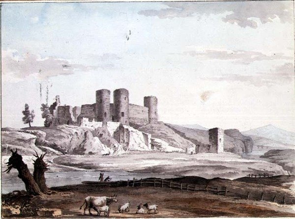 Castillo de Rhuddlan desde el puente de Samuel Hieronymous Grimm