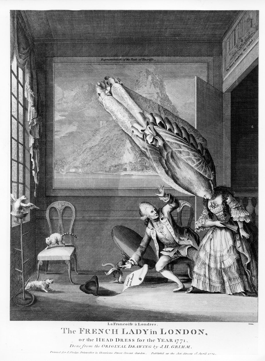 La dama francesa en Londres o El tocado del año 1771, impreso para S. Sledge, 1771 de Samuel Hieronymous Grimm