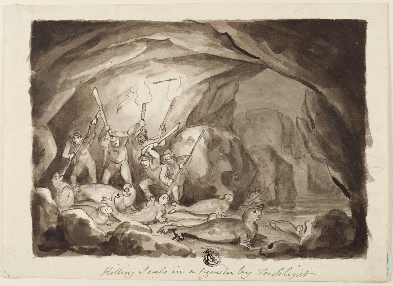 Matando focas en una caverna a la luz de las antorchas (anverso); boceto de cazadores y tabla (reverso) de Samuel Howett