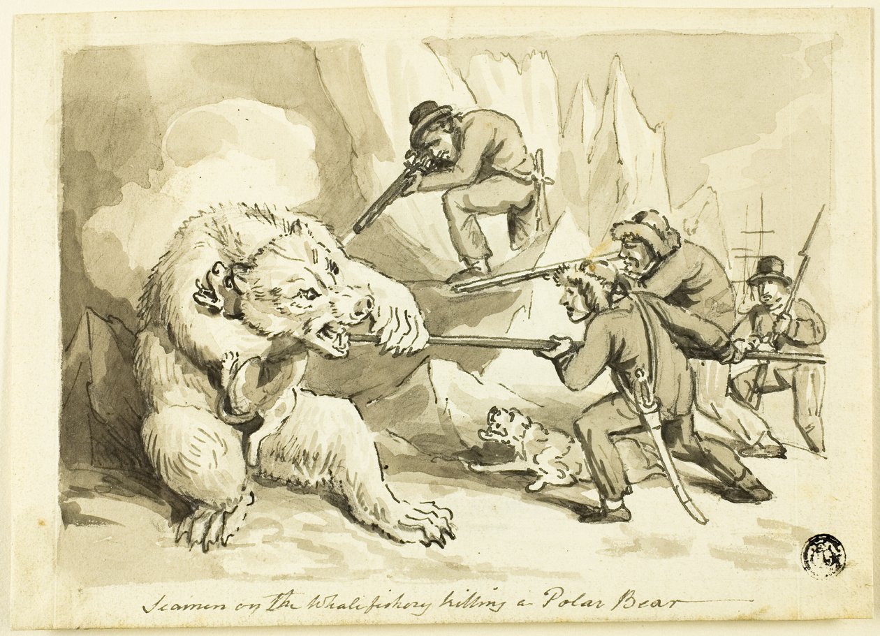Marineros en la pesca de ballenas matando un oso polar (recto); Concha (verso) de Samuel Howett