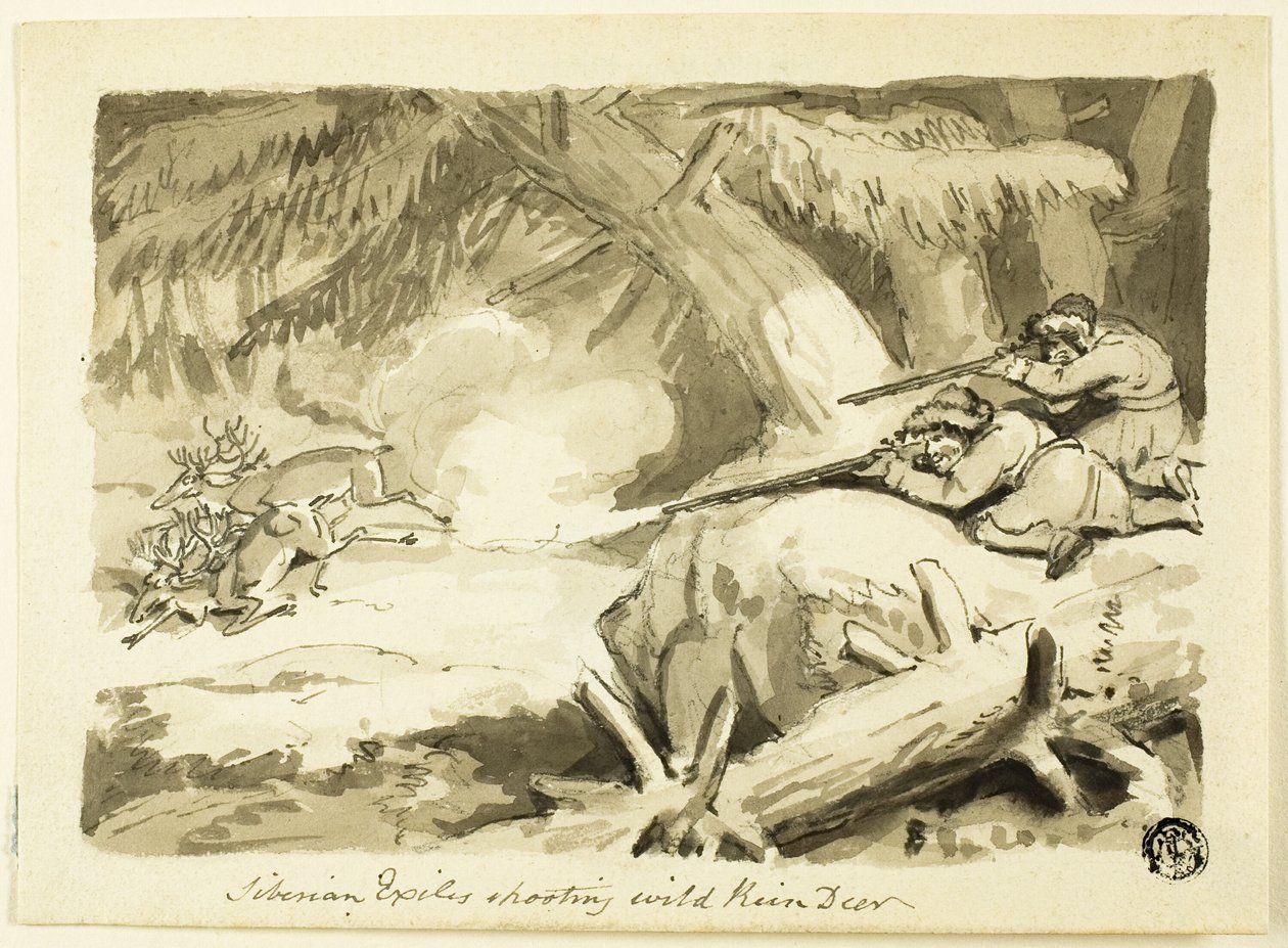 Exiliados siberianos disparando a renos salvajes (recto); Concha (verso) de Samuel Howett