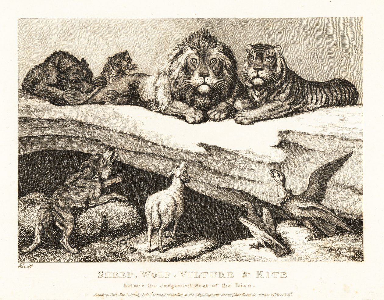 Un juicio entre animales, con el león y el tigre como jueces. 1811 (grabado) de Samuel Howitt