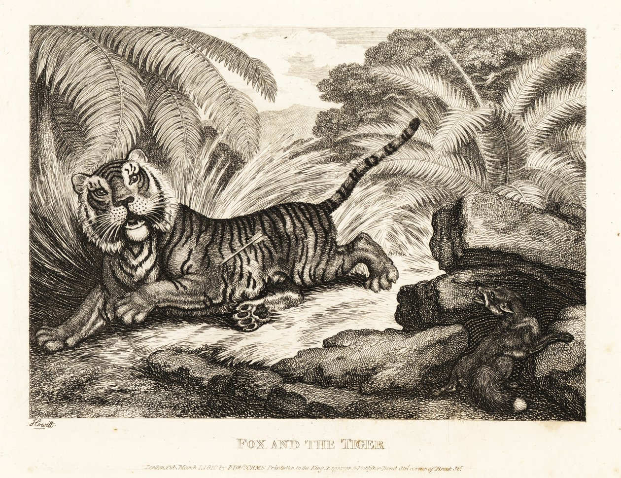 Un zorro observa a un tigre herido. 1811 (grabado) de Samuel Howitt