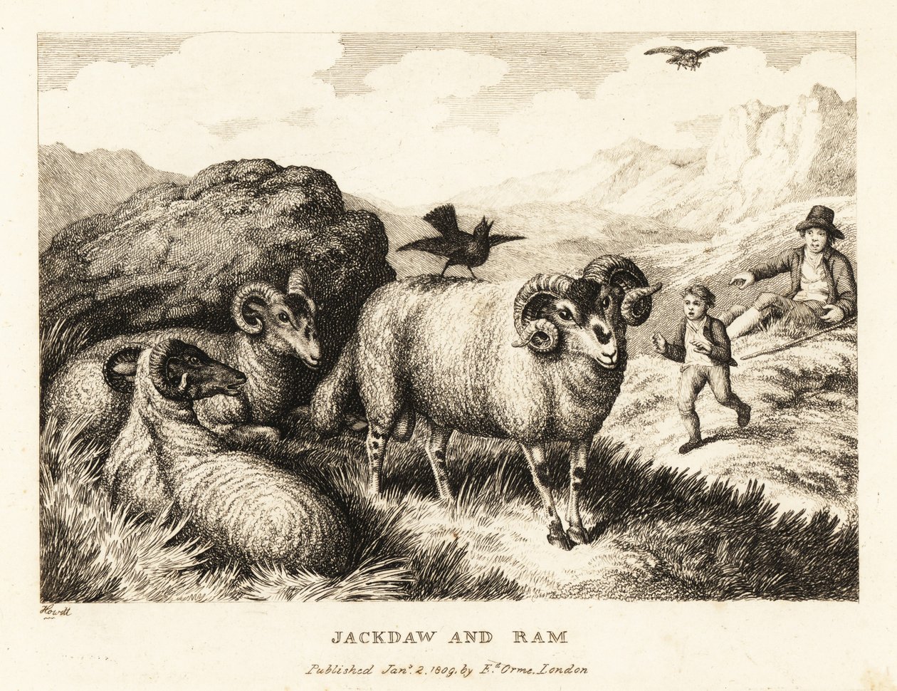 Un grajo canta sobre el lomo de un carnero. 1811 (grabado) de Samuel Howitt