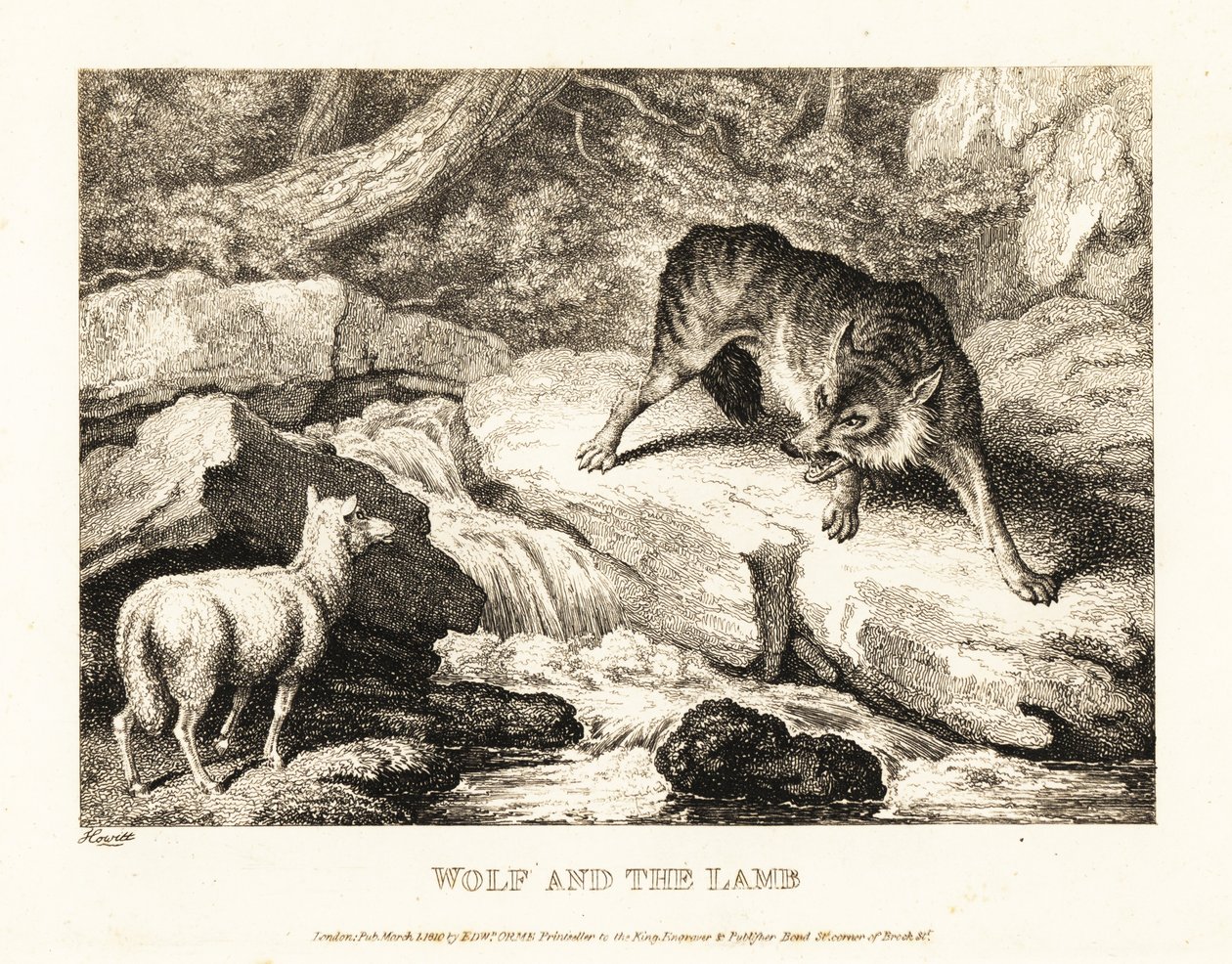 Un lobo intenta justificar la muerte de un cordero cerca de un río. 1811 (grabado) de Samuel Howitt