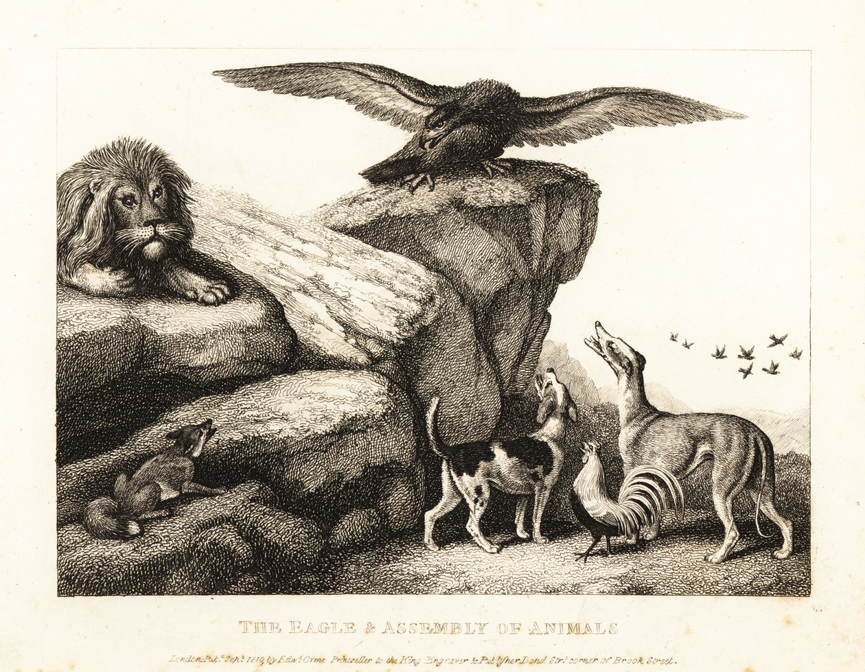 El pájaro de Júpiter amonestando a una asamblea de animales. 1811 (grabado) de Samuel Howitt