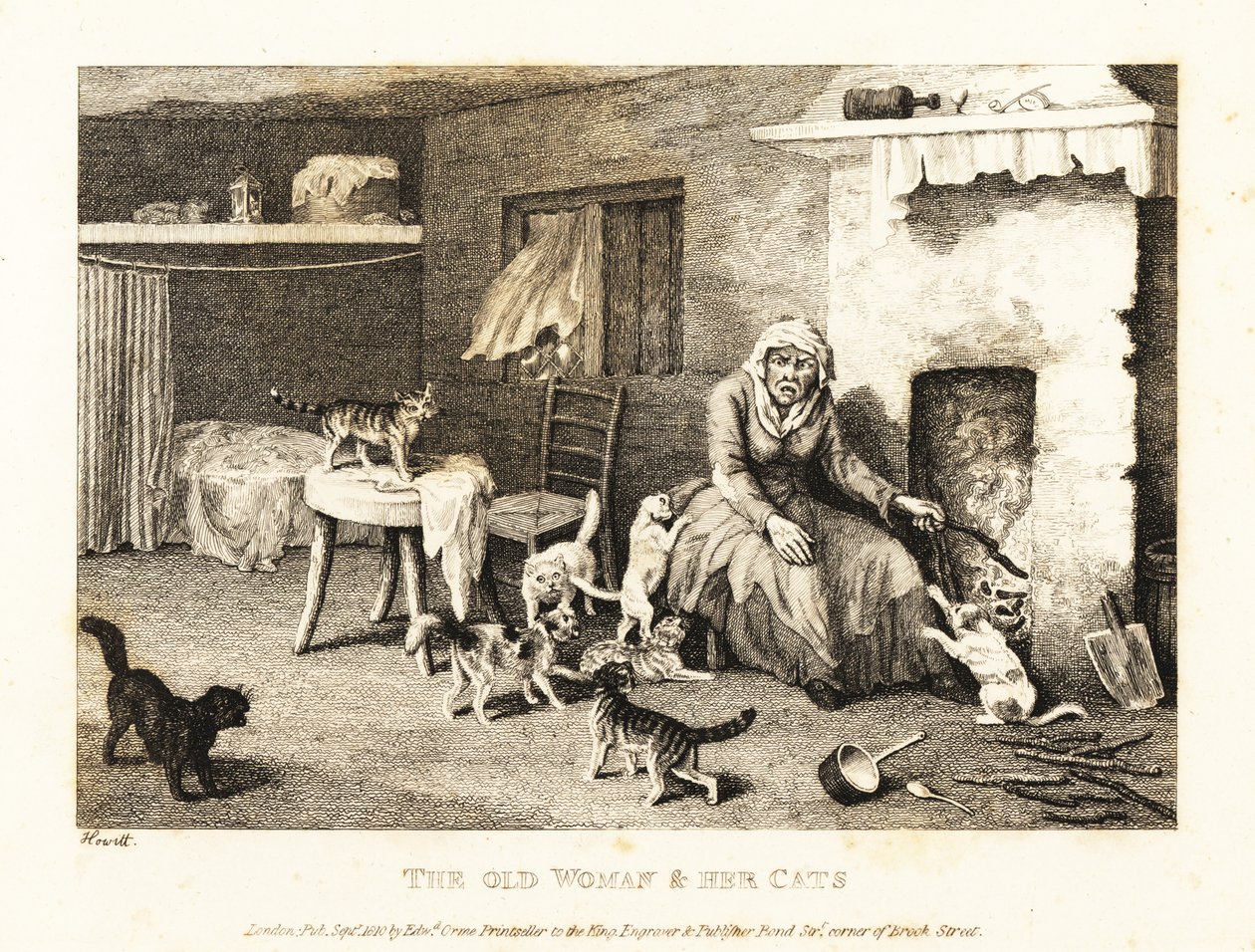 Vieja bruja sentada en la chimenea de un tugurio rodeada de gatos. 1811 (grabado) de Samuel Howitt