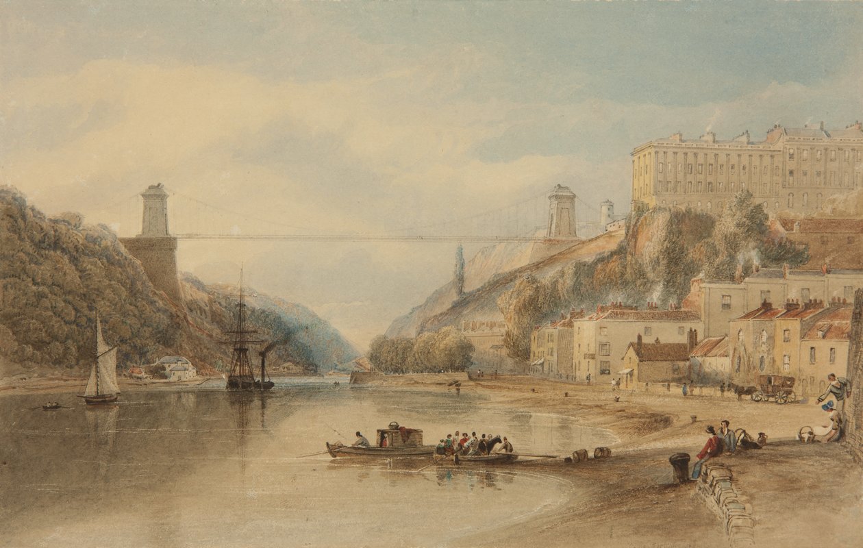 El puente colgante propuesto desde Rownham Ferry, c. 1836 de Samuel Jackson