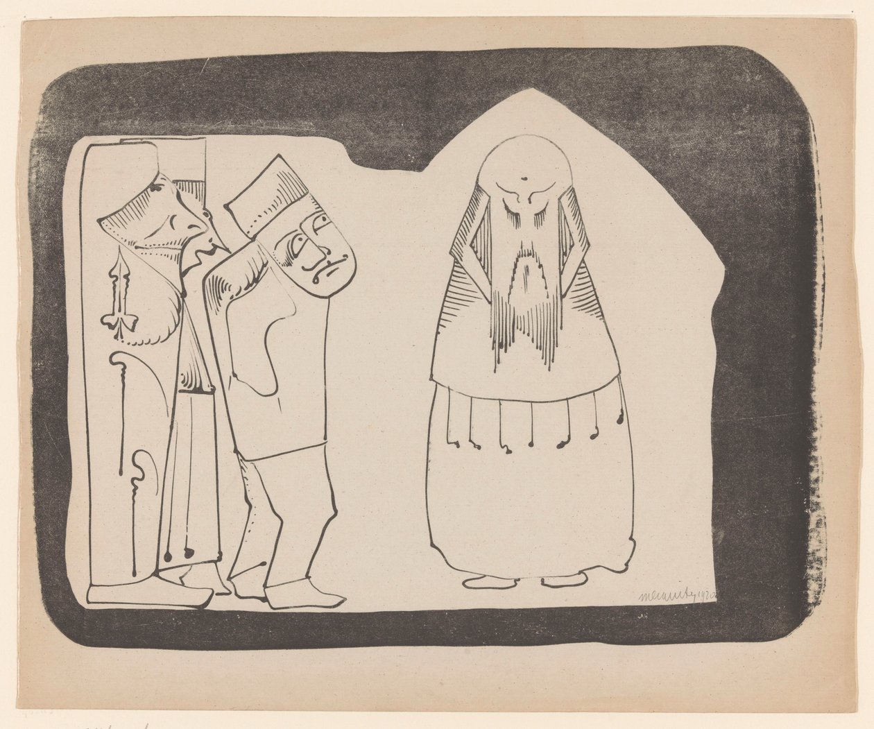 Fantasía: a la izquierda tres figuras a la derecha, a la derecha una figura frontal de tipo chino de Samuel Jessurun de Mesquita (signed by artist)
