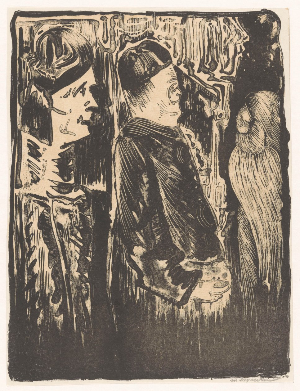 Fantasía: a la izquierda, dos figuras con capirotes a la derecha; a la derecha, una aparición incisa con plumaje de Samuel Jessurun de Mesquita (signed by artist)