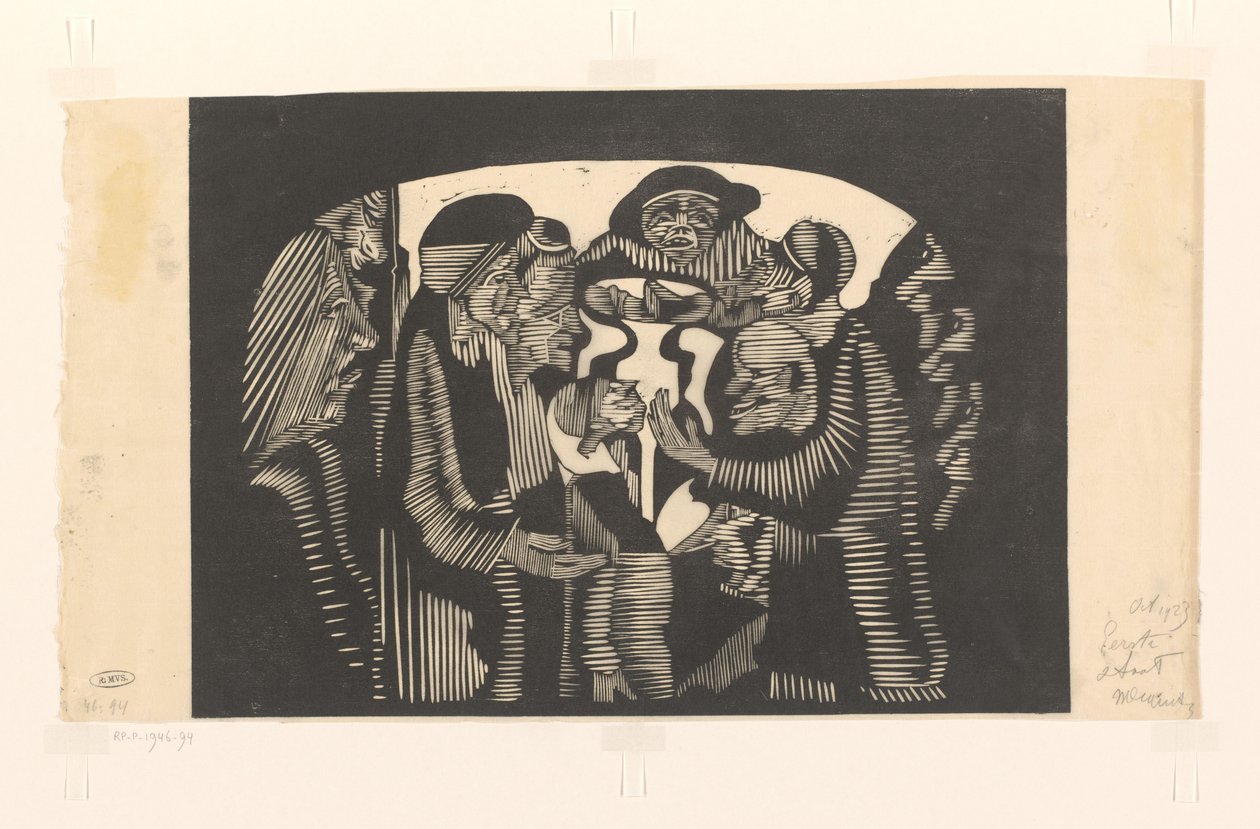 Grupo de figuras en un arco
Representación visionaria: grupo de figuras encerradas en forma de arco, en el centro superior un hombre frontal con sombrero de Samuel Jessurun de Mesquita (signed by artist)
