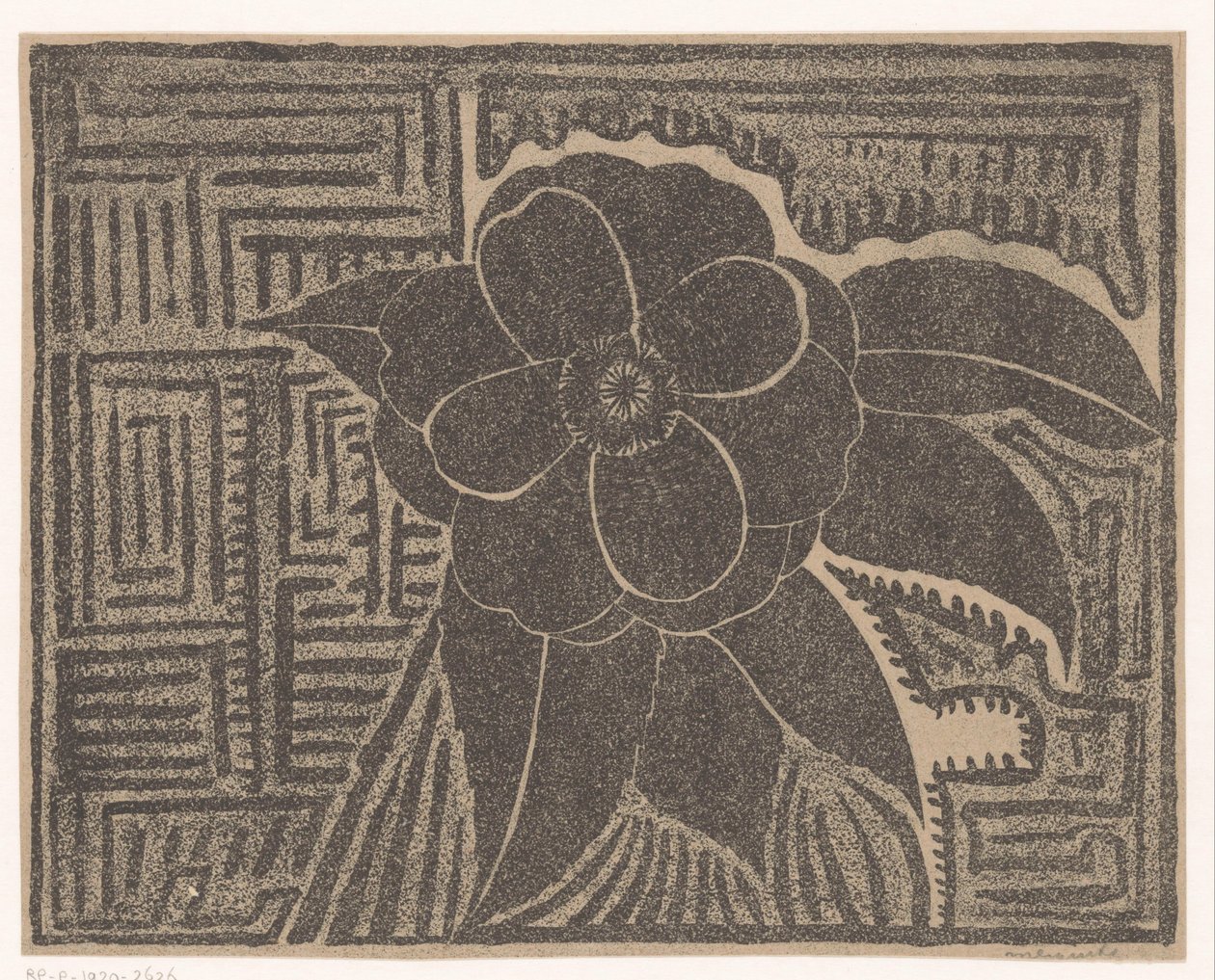 Camelia (negra; todo alrededor de un patrón laberíntico) de Samuel Jessurun de Mesquita