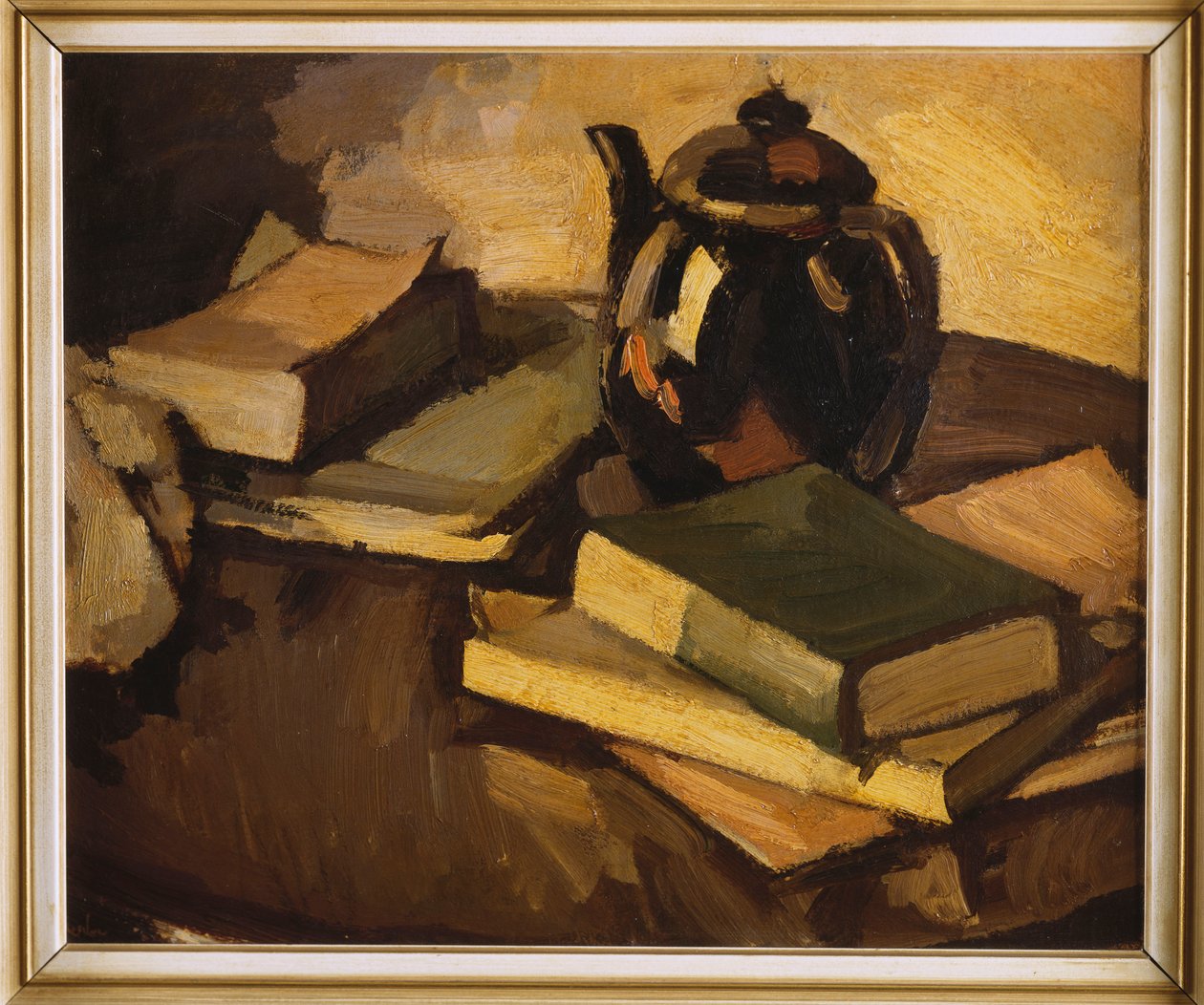 Naturaleza muerta con una tetera y libros sobre una mesa, c.1926 de Samuel John Peploe