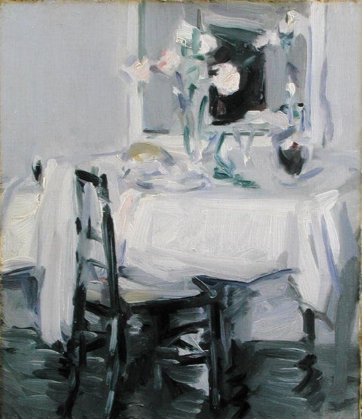 Un interior con rosas en un jarrón sobre una mesa de Samuel John Peploe