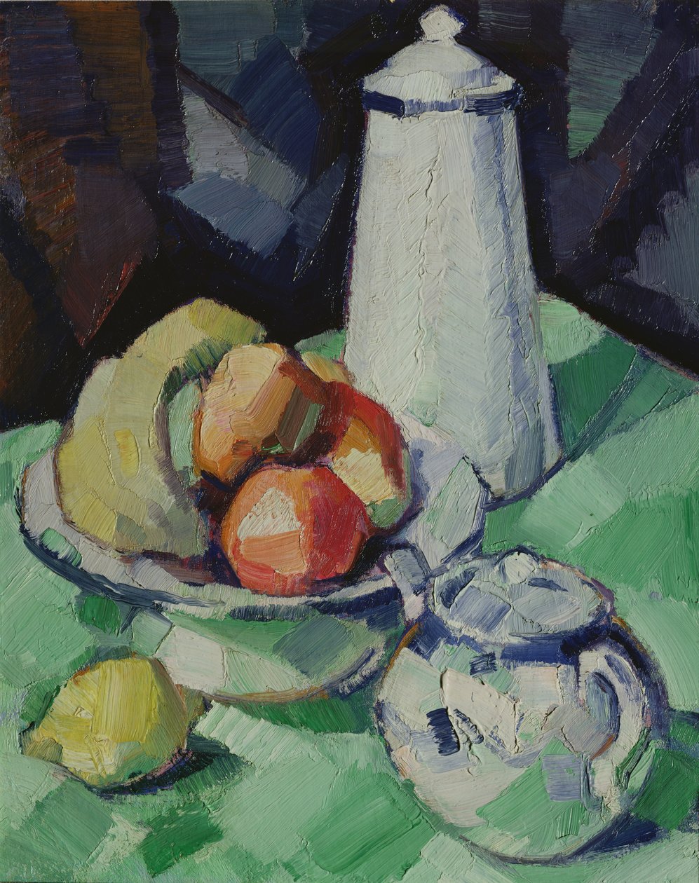 Naturaleza Muerta con Tetera y Fruta sobre un Mantel Verde, c.1913 de Samuel John Peploe