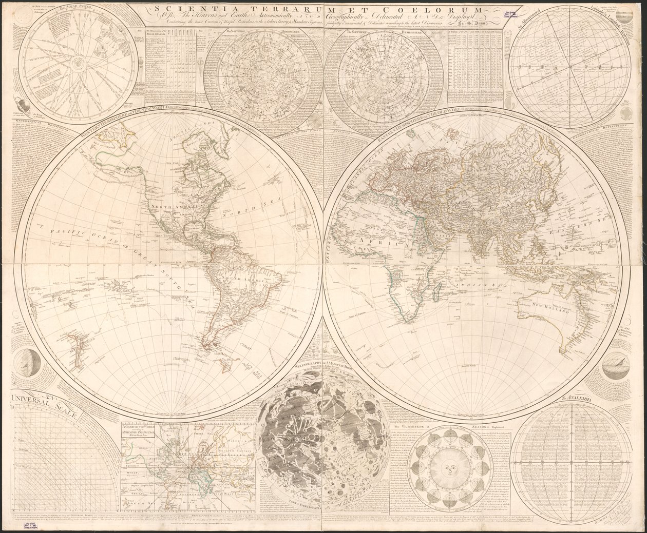 Scientia terrarum et coelorum : o, los cielos y la tierra astronómicamente y geográficamente delineados y mostrados : conteniendo los detalles más curiosos y útiles en los sistemas solares estelares y mundanos, fielmente enumerados y delineados de acuerdo  de Samuel; Kitchin Dunn